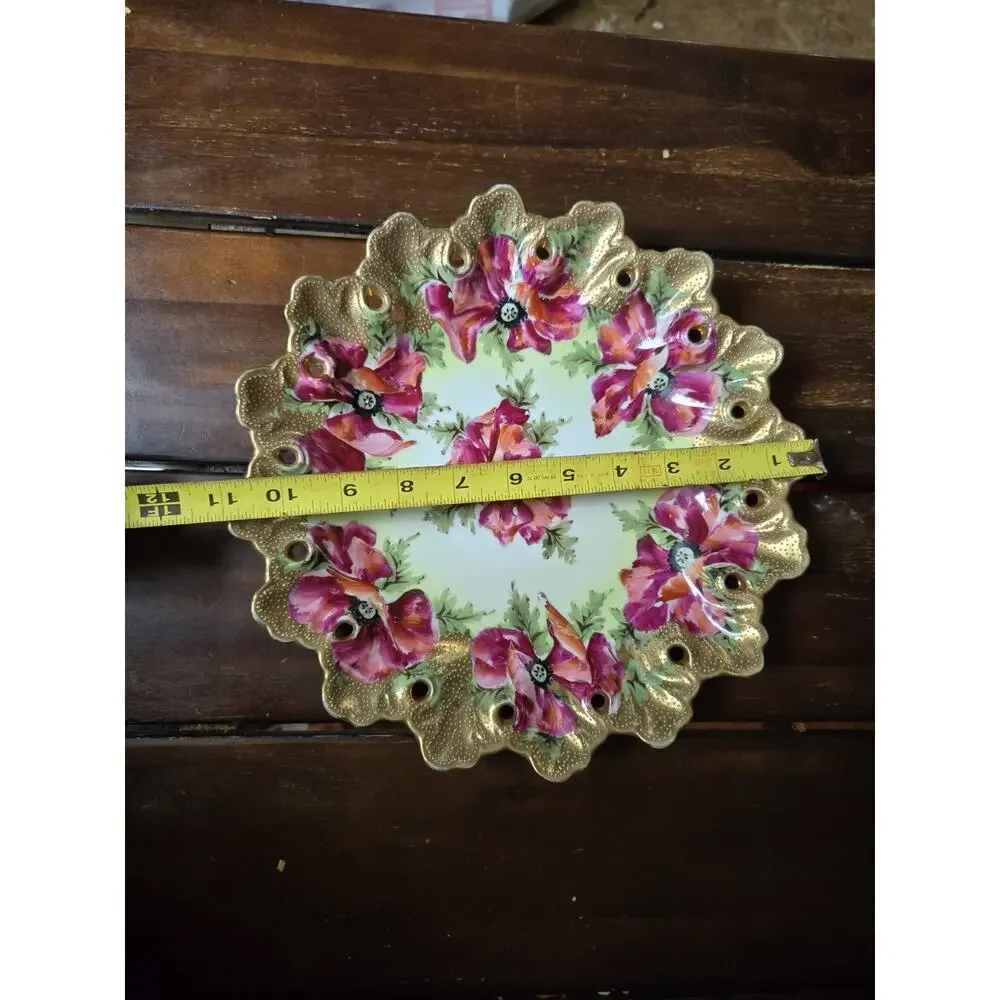 Vintage Kioto Winseluck Japan 12” Porcelain Floral Plate Hand Painted Gold Pierc